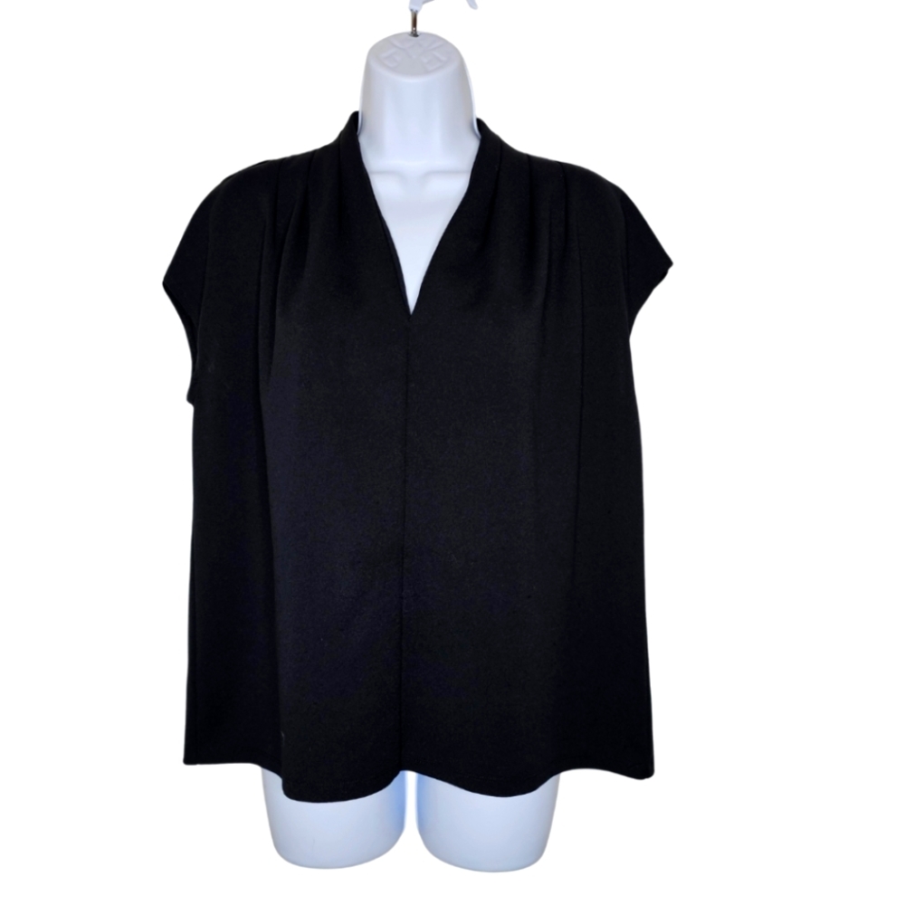 Ann Taylor Factory Black Gathered Draped  V-Neck Blouse Cap Sleeve Size L